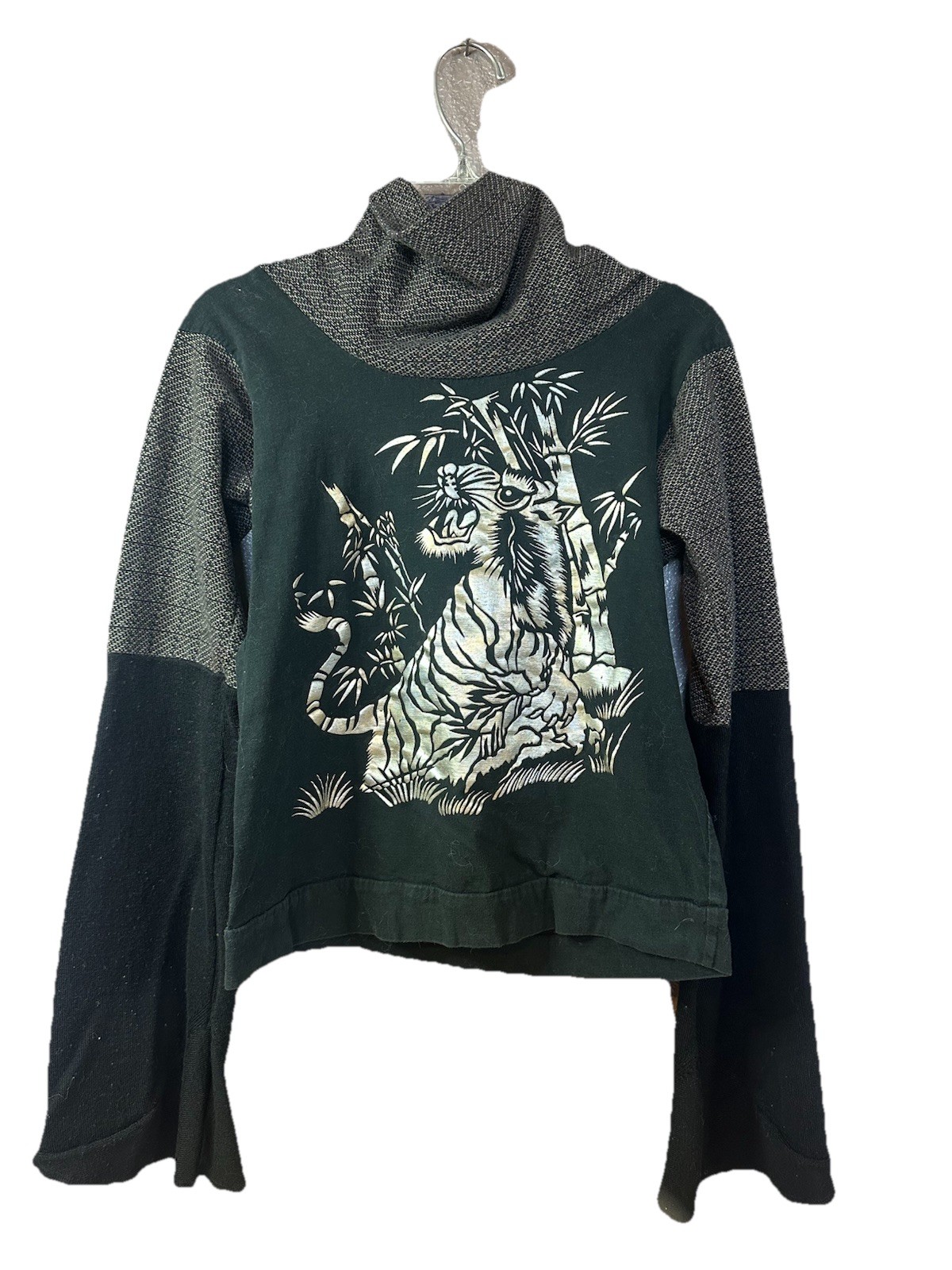 Y2K Indie Fairy Grunge Alt Crop Graphic Tiger Knit Pullover Cowl Neck USA Made S