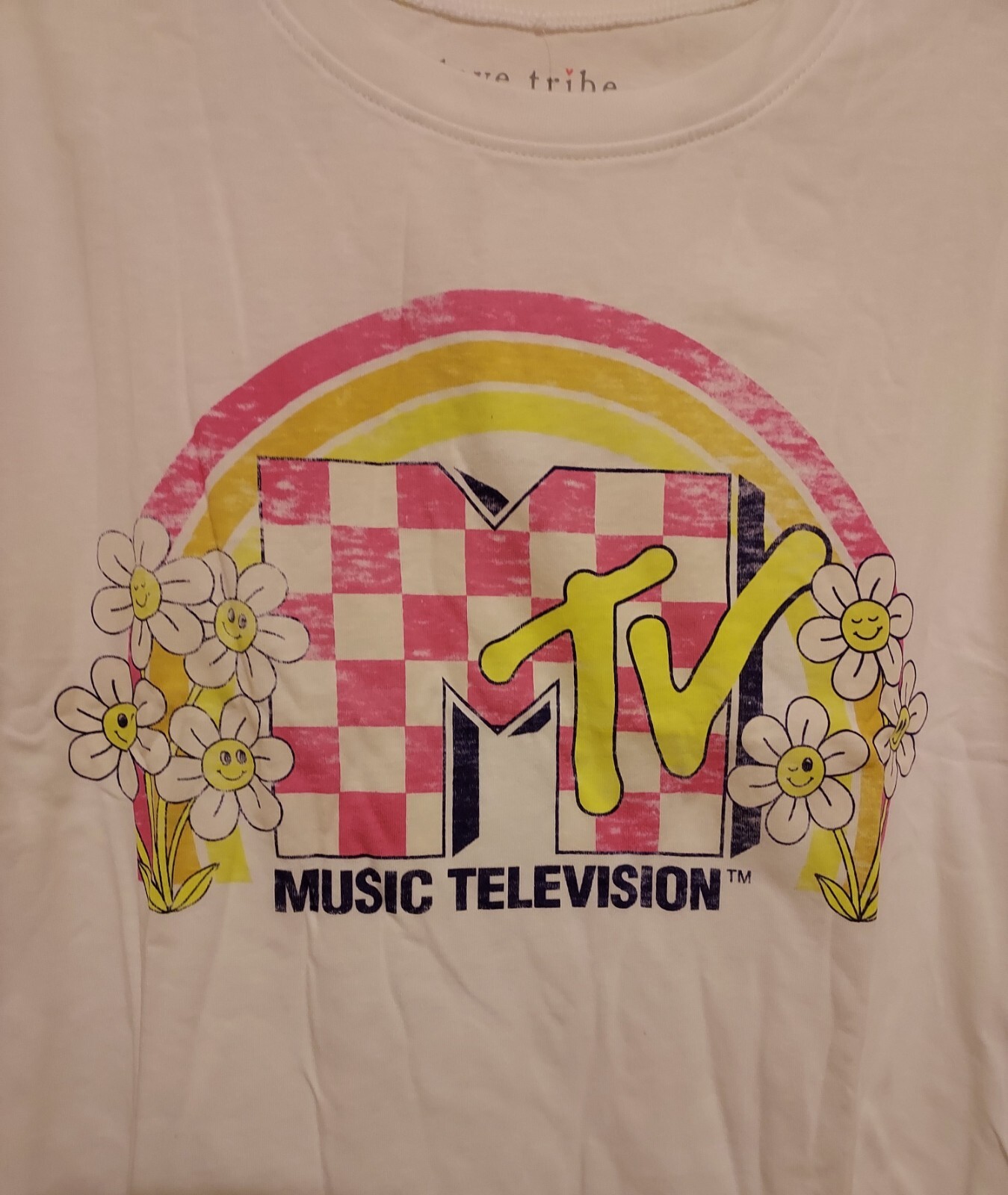 Women’s T Shirt XL Checkered Flower MTV Sits At Waist