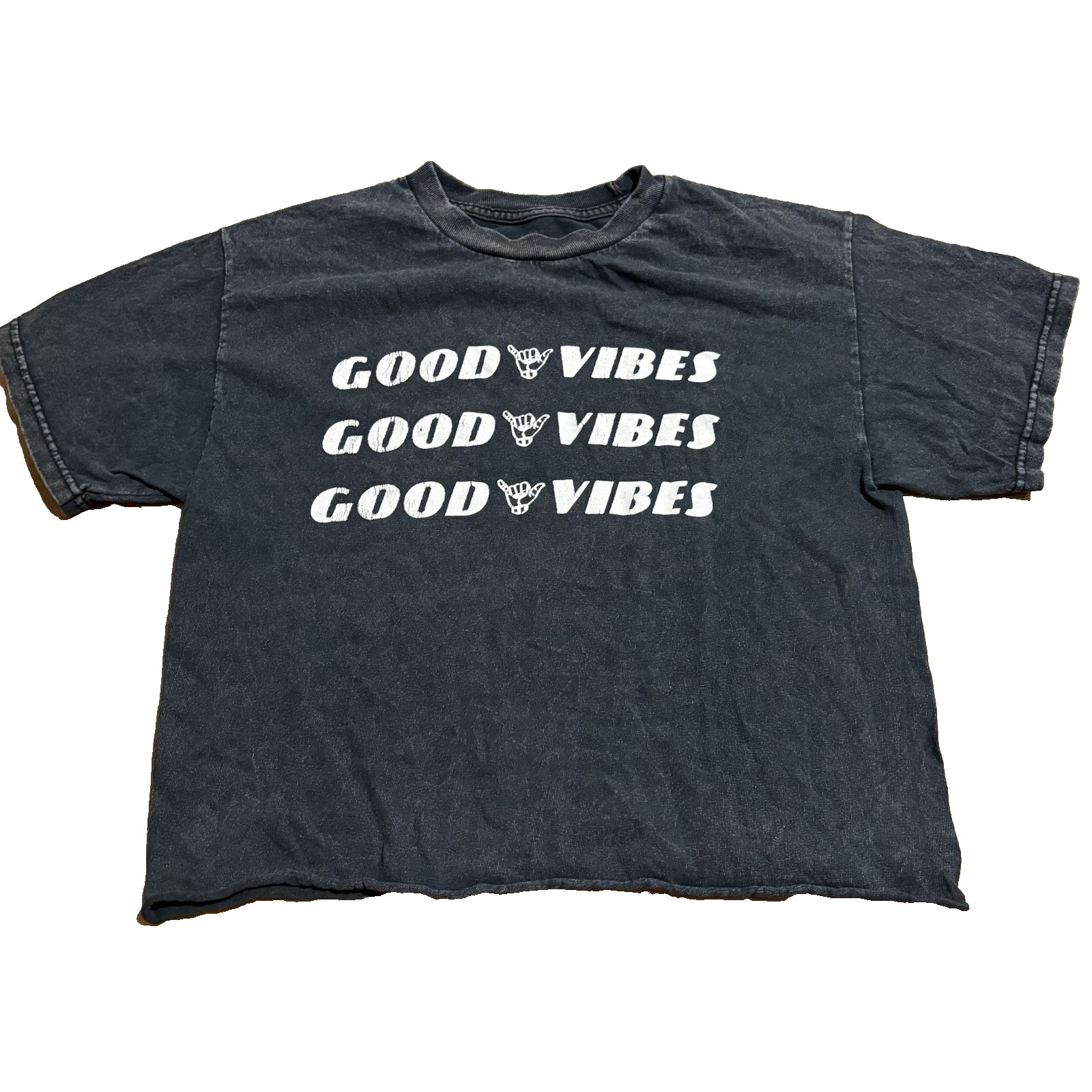 John Galt Good Vibes Tee One Size Gray Short Sleeve Raw Edge Hem, Cropped