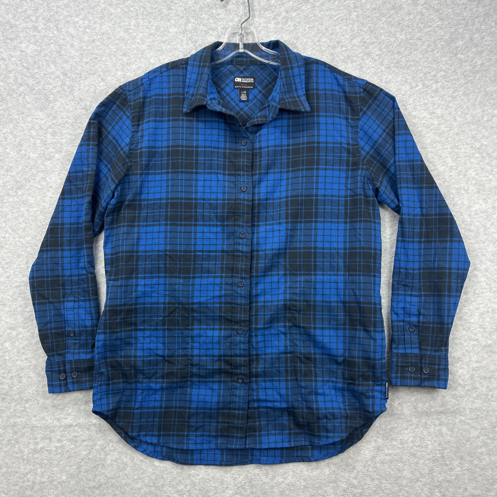 Outdoor Research Shirt Womens Large Blue Plaid Kulshan Flannel Pockets Shacket