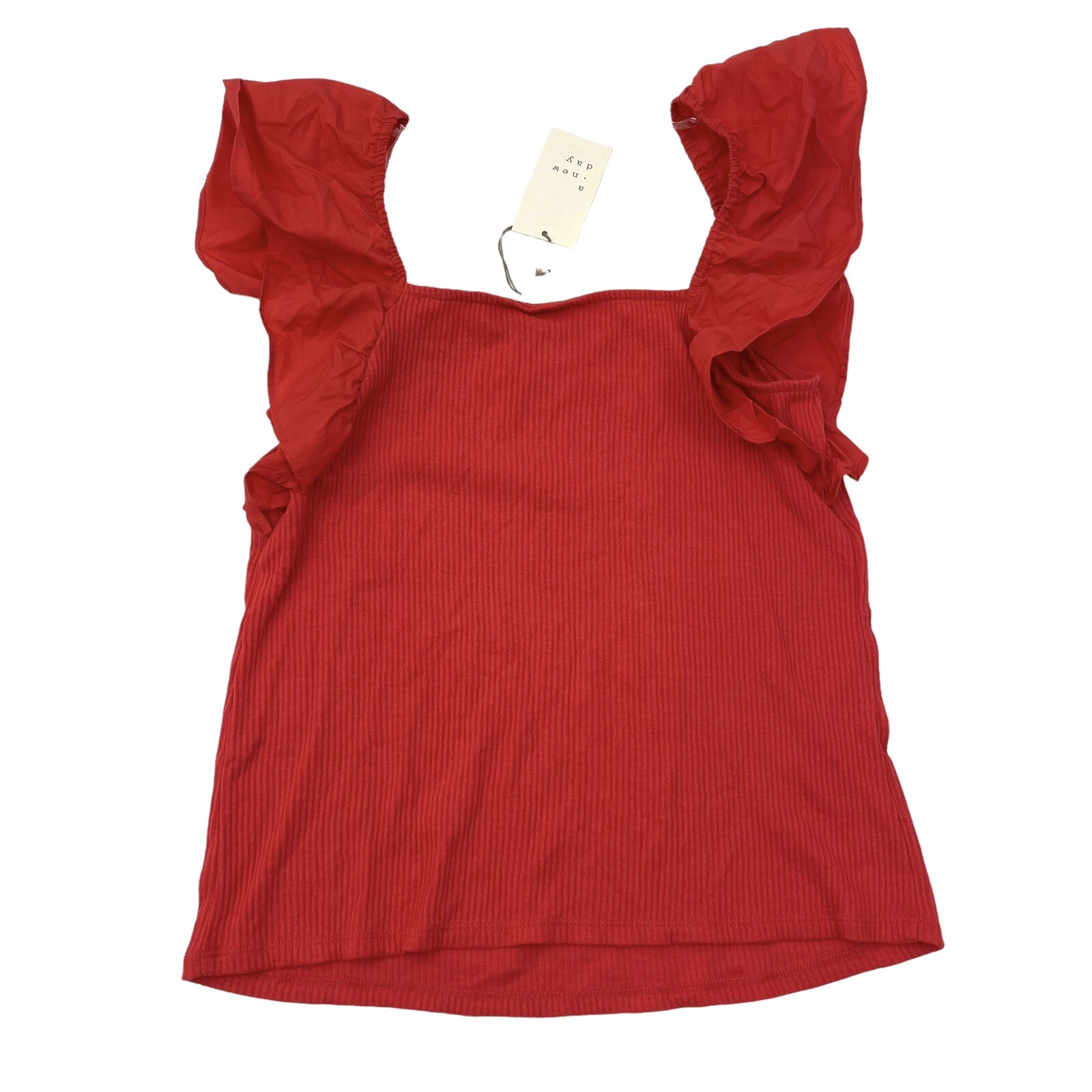 A New Day Womens Size L Ribbed Flutter Sleeve Top Rocker Red