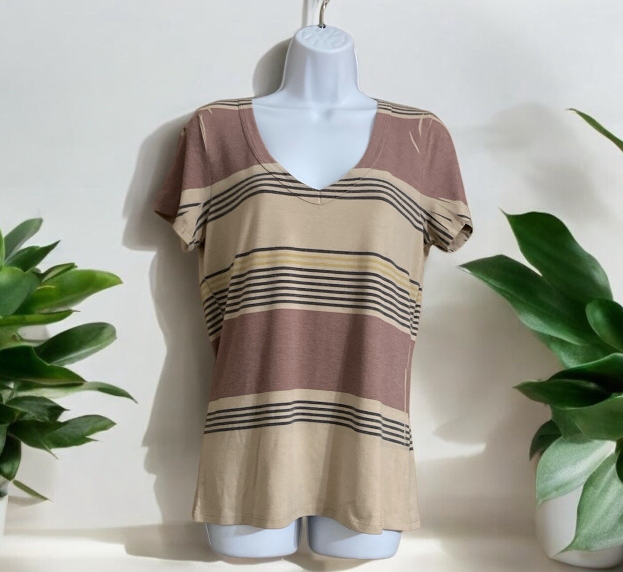 Women H.I.P. Tan Striped Short Sleeve Pullover Cotton Blend Shirt Sz M