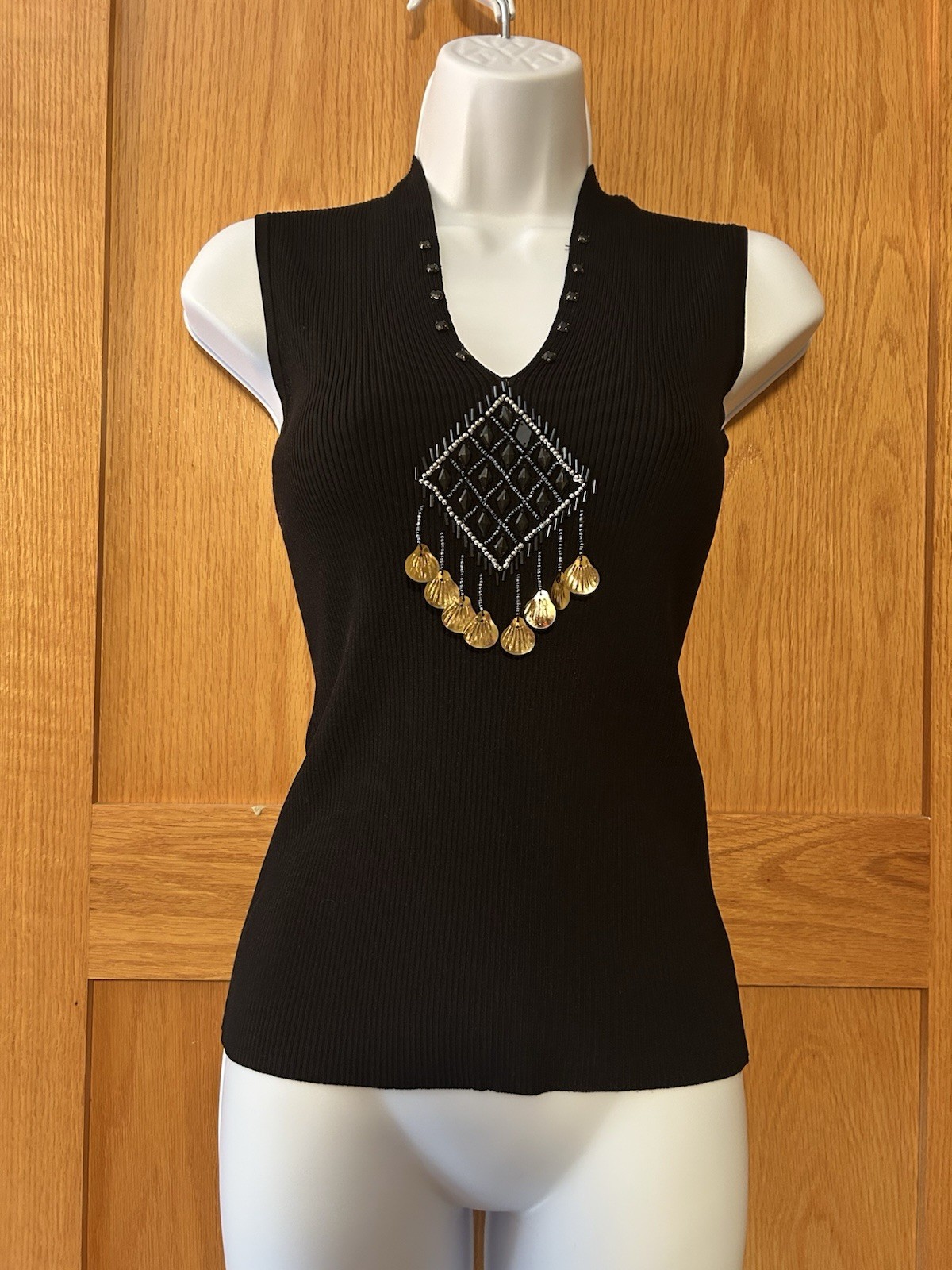 Vintage Beaded Boho Chic Gold Shell Coin Black Ribbed Tank Top Women’s Size S/M