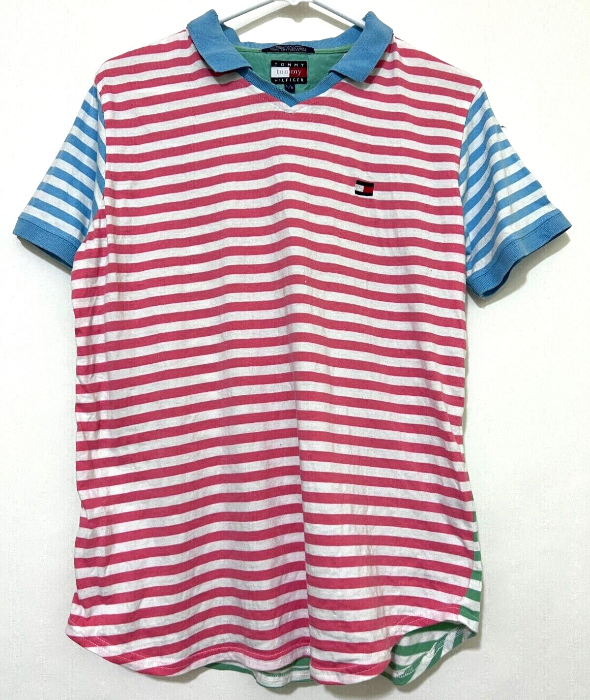 Vintage Tommy Hilfiger Womens Large Red White Blue Green Striped Polo Shirt