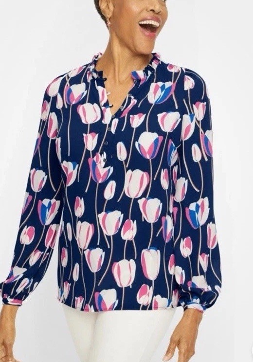 Talbots Popover Ruffle-Trim Tulip Print Navy Blue Pink Flowy Blouse Size PXL