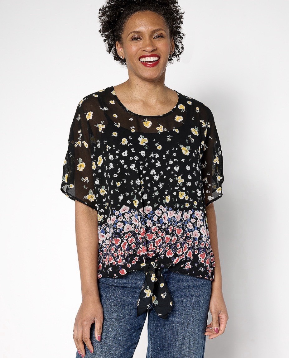 nicole by Nicole Miller Luxe Chiffon Tie Front Blouse Size XL Floral A689903