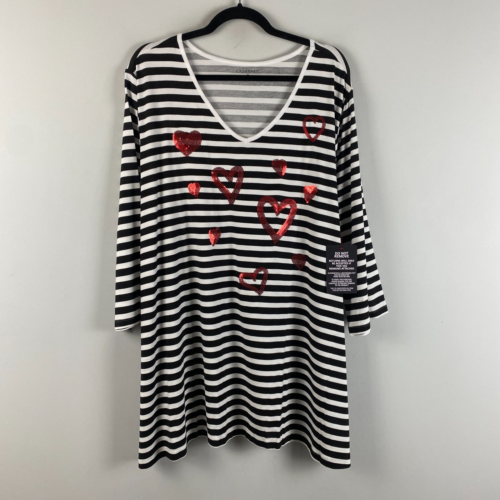 Catherines Sequin Heart Tunic Shirt Size 2X Black White Stripe V Neck 3/4 Slvs