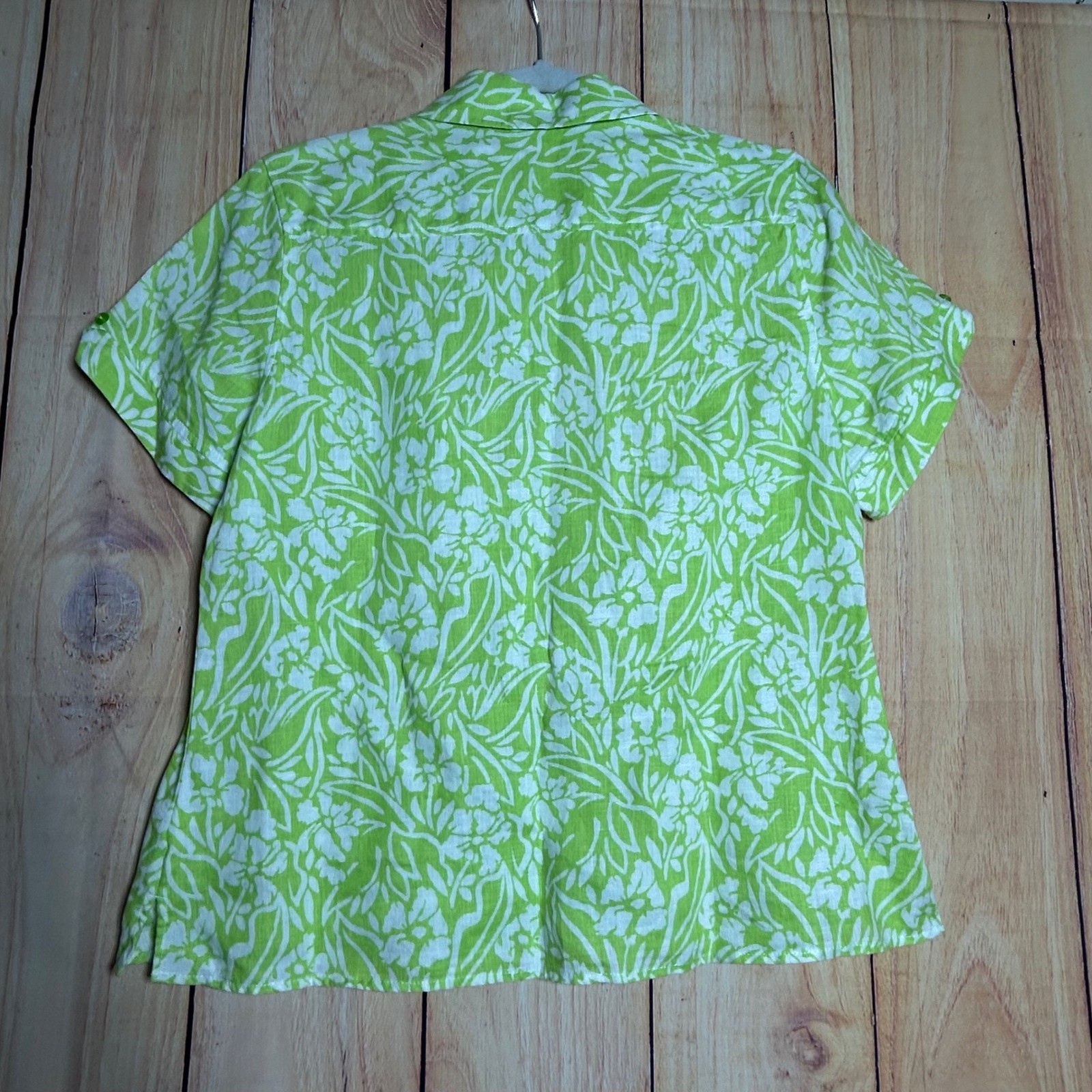 Kim Rogers Linen Shirt Womens PL Lime Green Floral Short Sleeve Coastal Summer