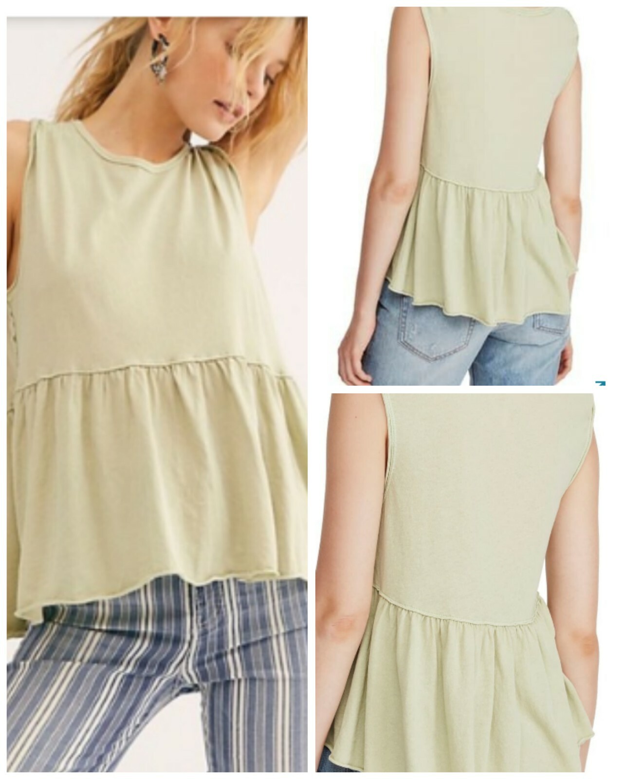 Free People Tank XS Anytime Peplum Ruffle Hem Matcha Green Shirt Top NWT $48