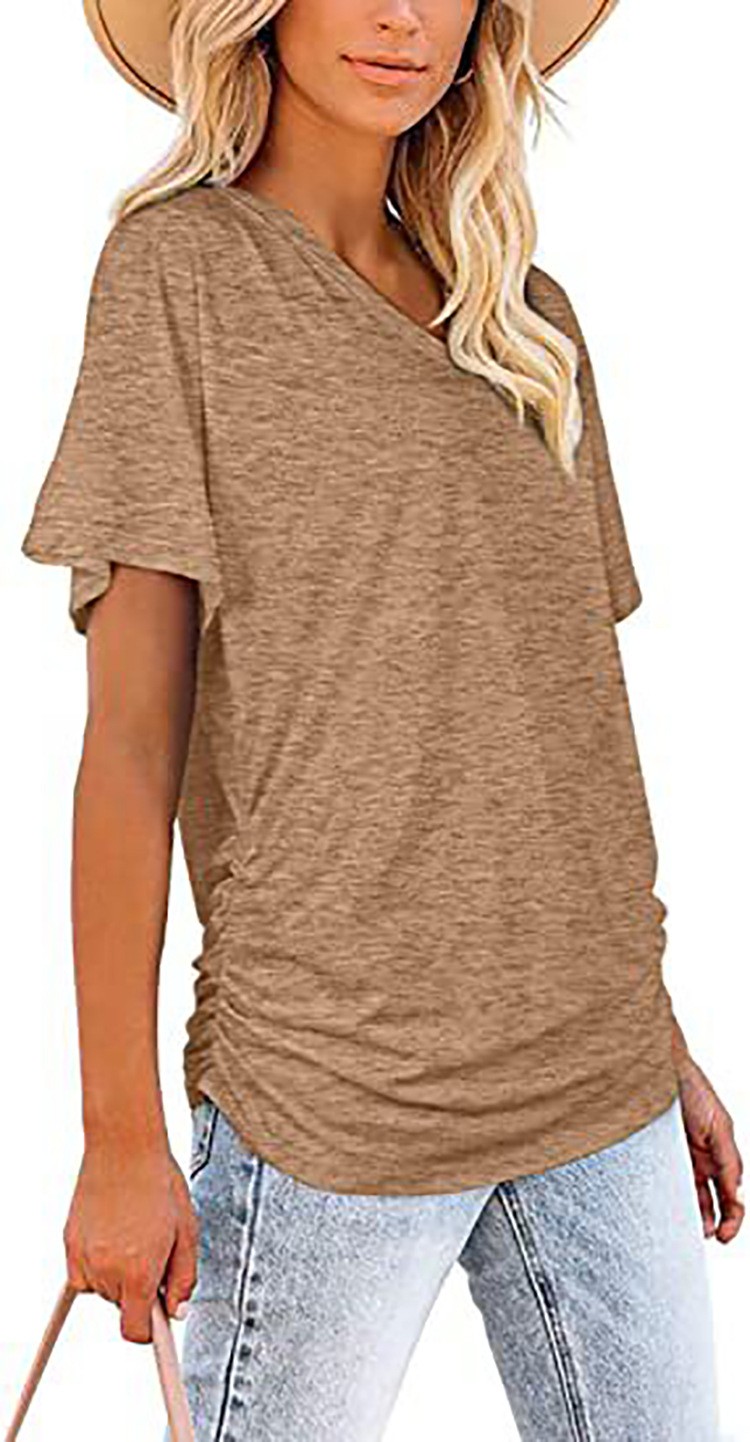 Women’s Solid V-Neck Short Sleeve T-Shirt Loose Cotton Blend Summer Tee Blouse