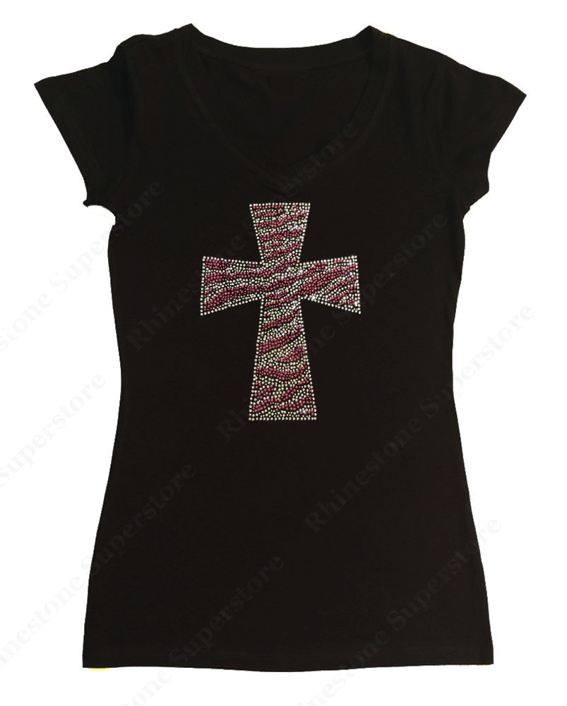 Women’s Rhinestone T-Shirt ” Pink Zebra Cross ” in S, M, L, XL, 2X, 3X