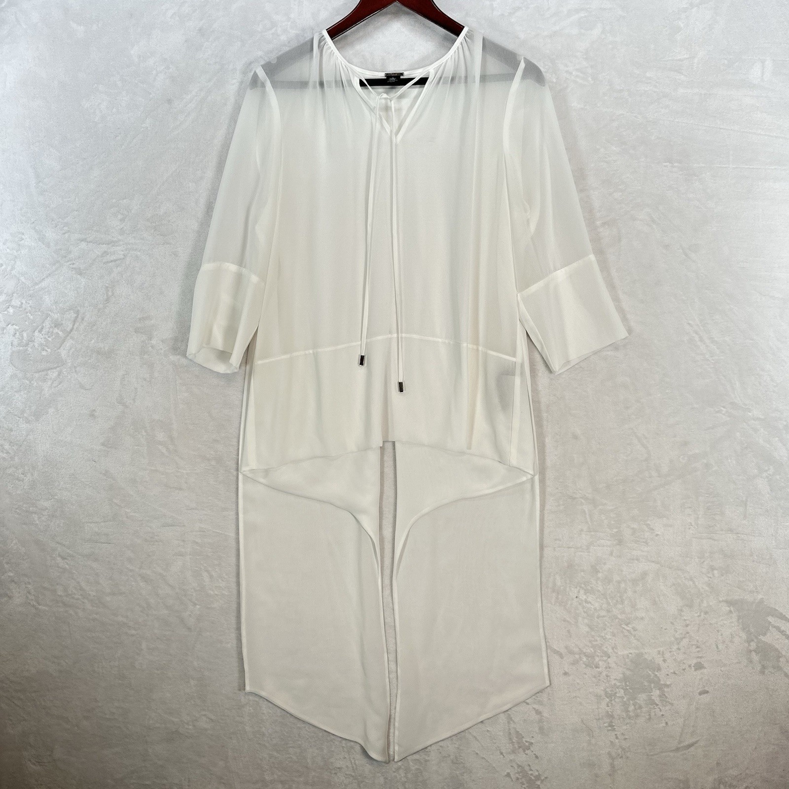 Chicos Top Womens 0 (S) White Sheer Blouse Long Split Back Office Black Label