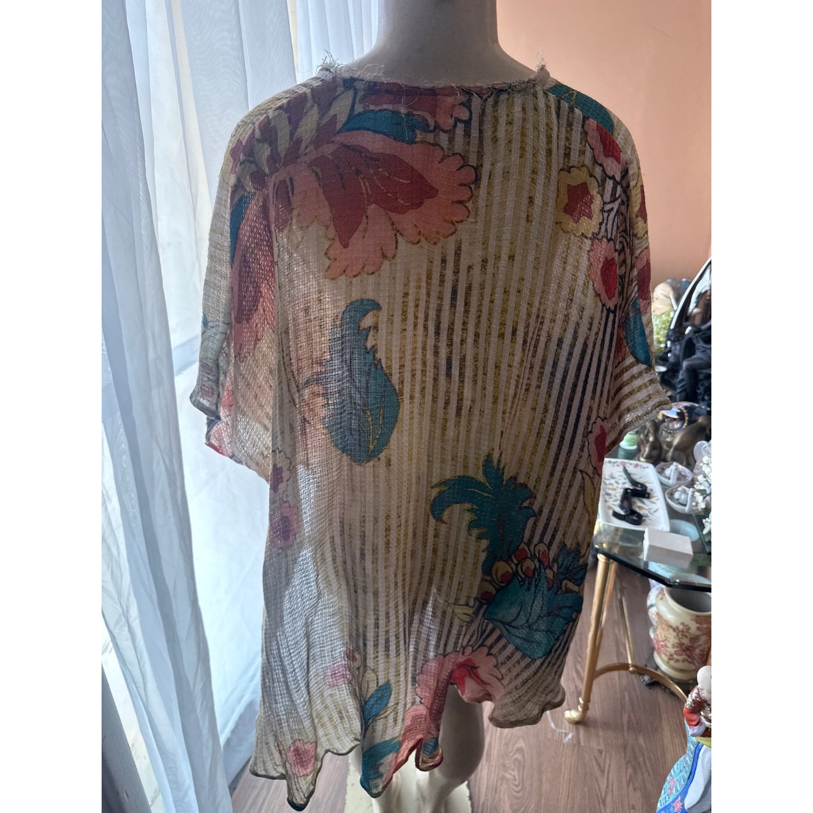 Free People Floral Striped Button Down Tie Front Top Oversized Boho Blouse Large