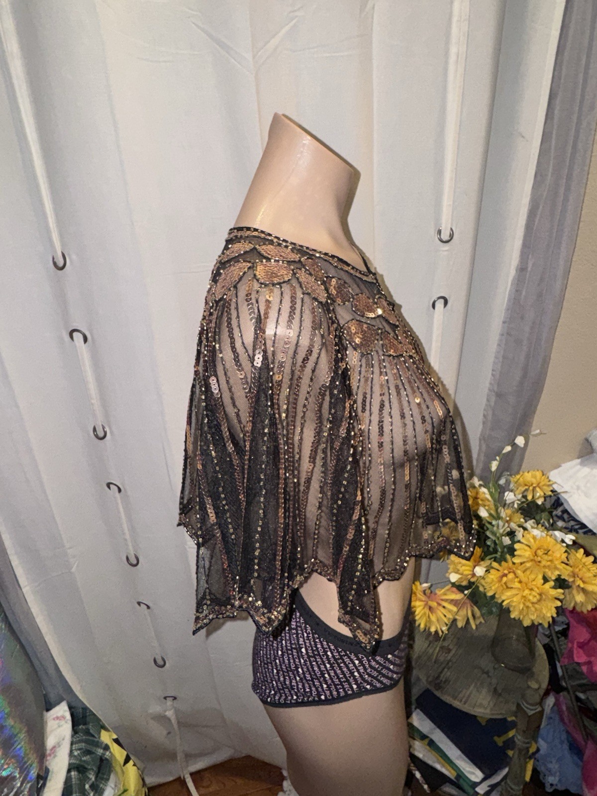 Black w/Gold Sequin Sheer Poncho Top Topper Size O/S GORGEOUS!!