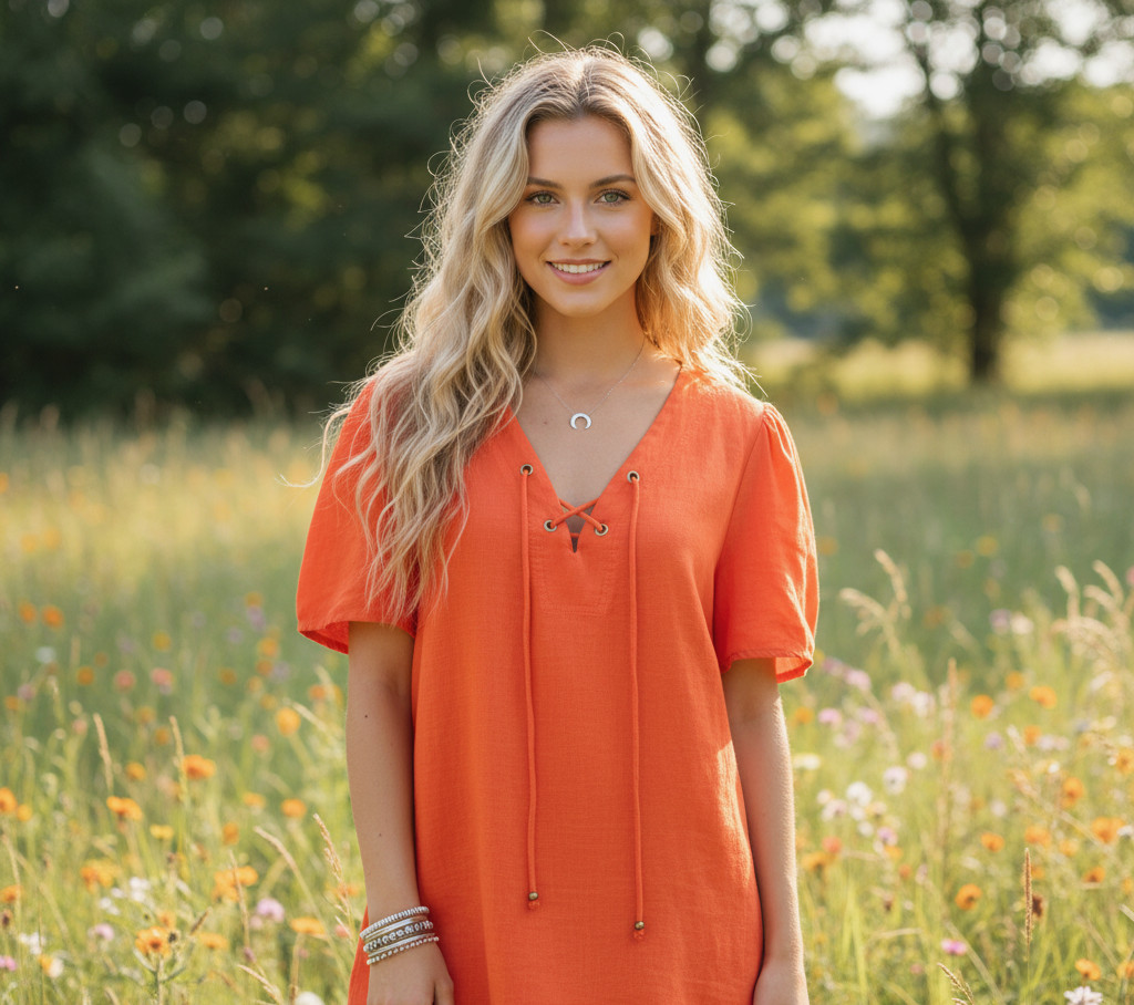 Knox Rose L Top Orange Red Lace Up Flutter Peasant Boho Casual Chic Poet