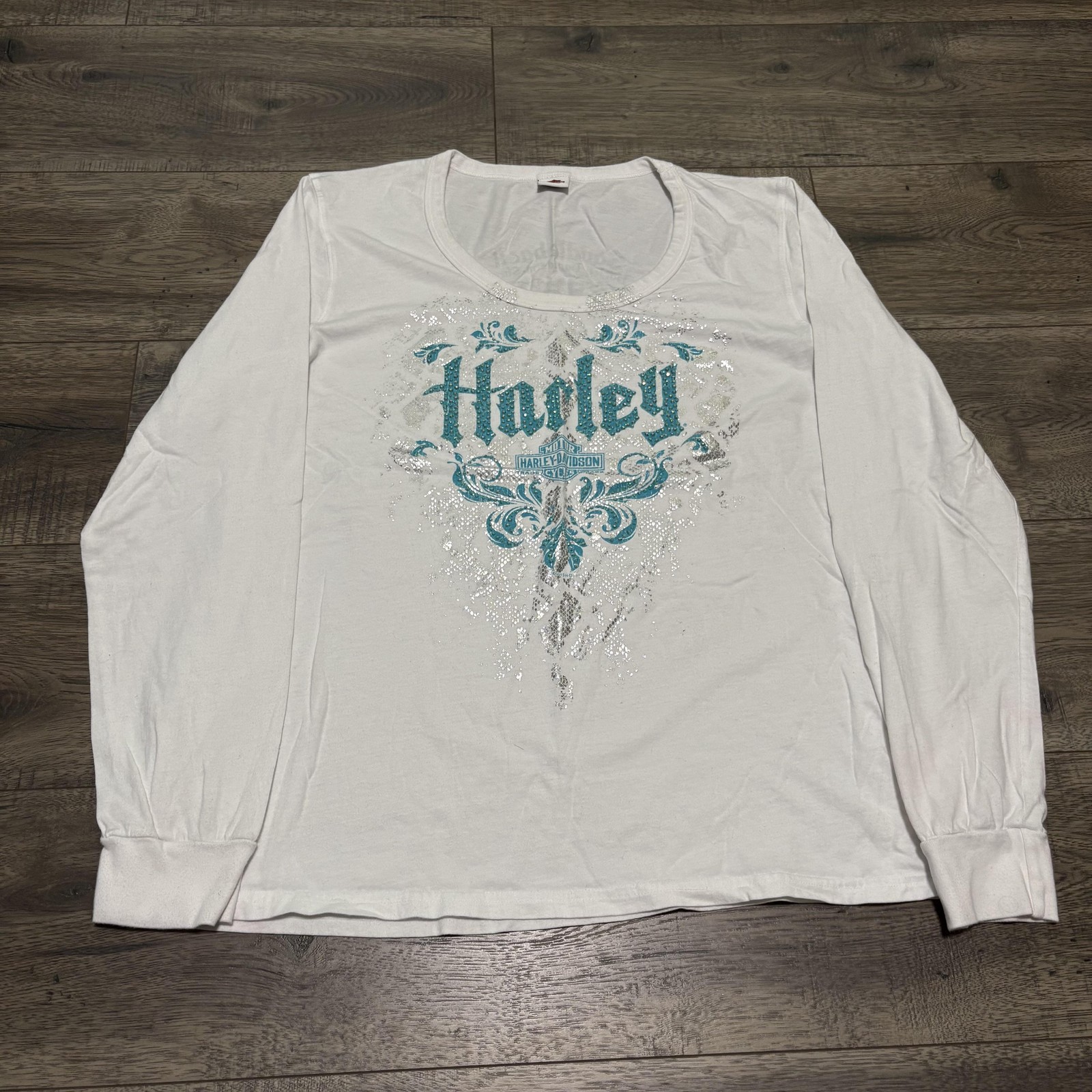 Harley-Davidson Y2K Shirt Womens XL Long Sleeve Glitter Rhinestone Logan Utah