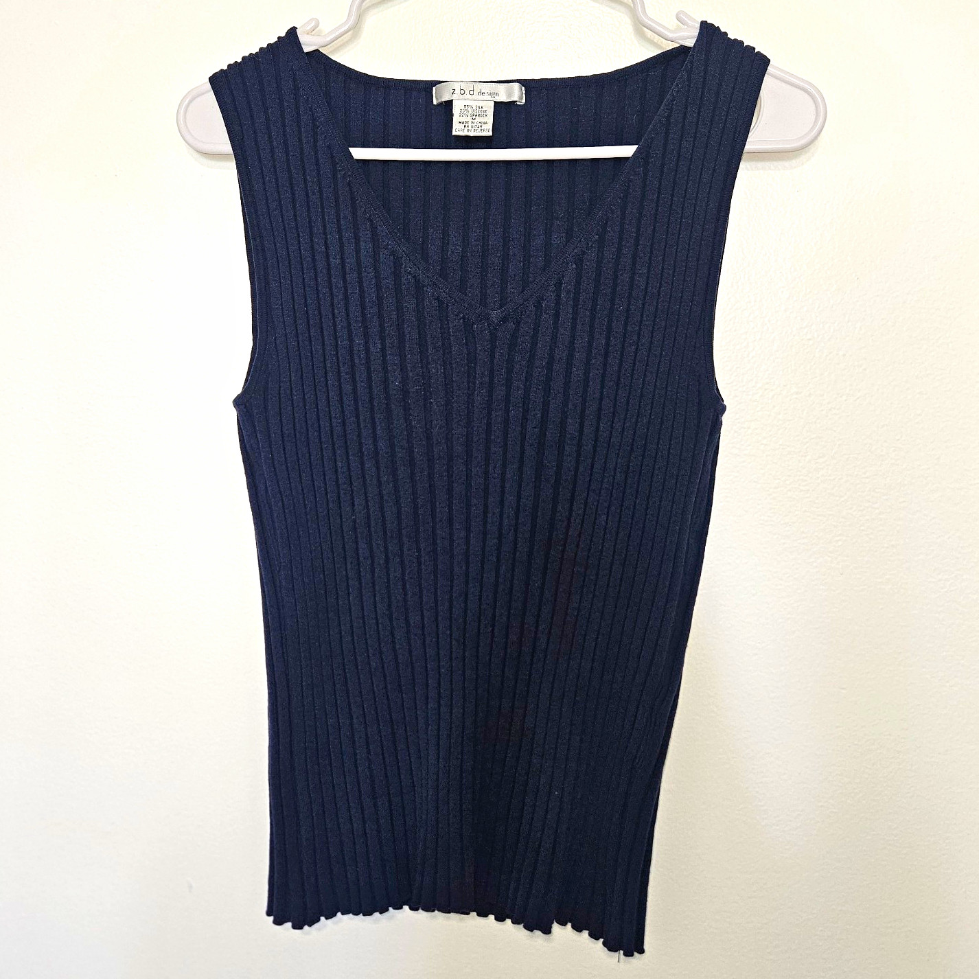 Navy Blue Ribbed V-Neck Sleeveless Knit Stretch Tank Top Blue M/L