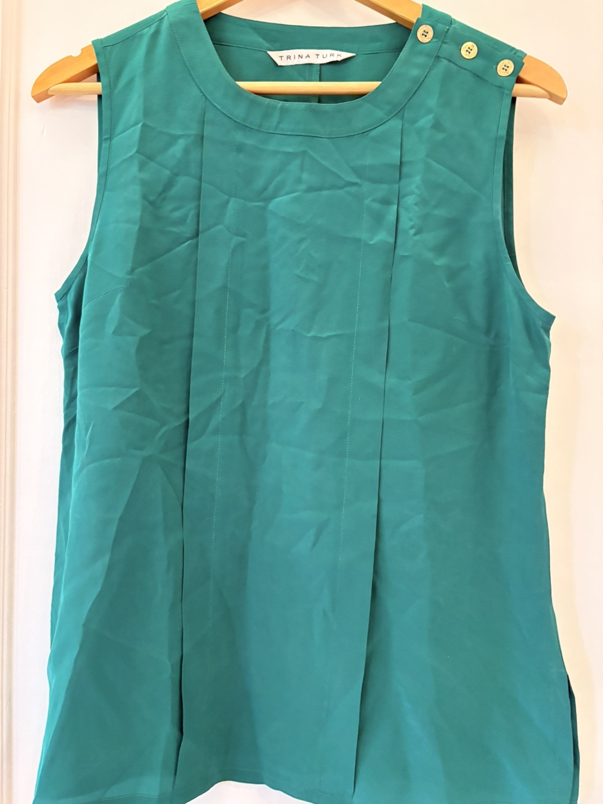 Trina Turk Women Silk Blouse Sleeveless Round Neck Jade Green with pleats
