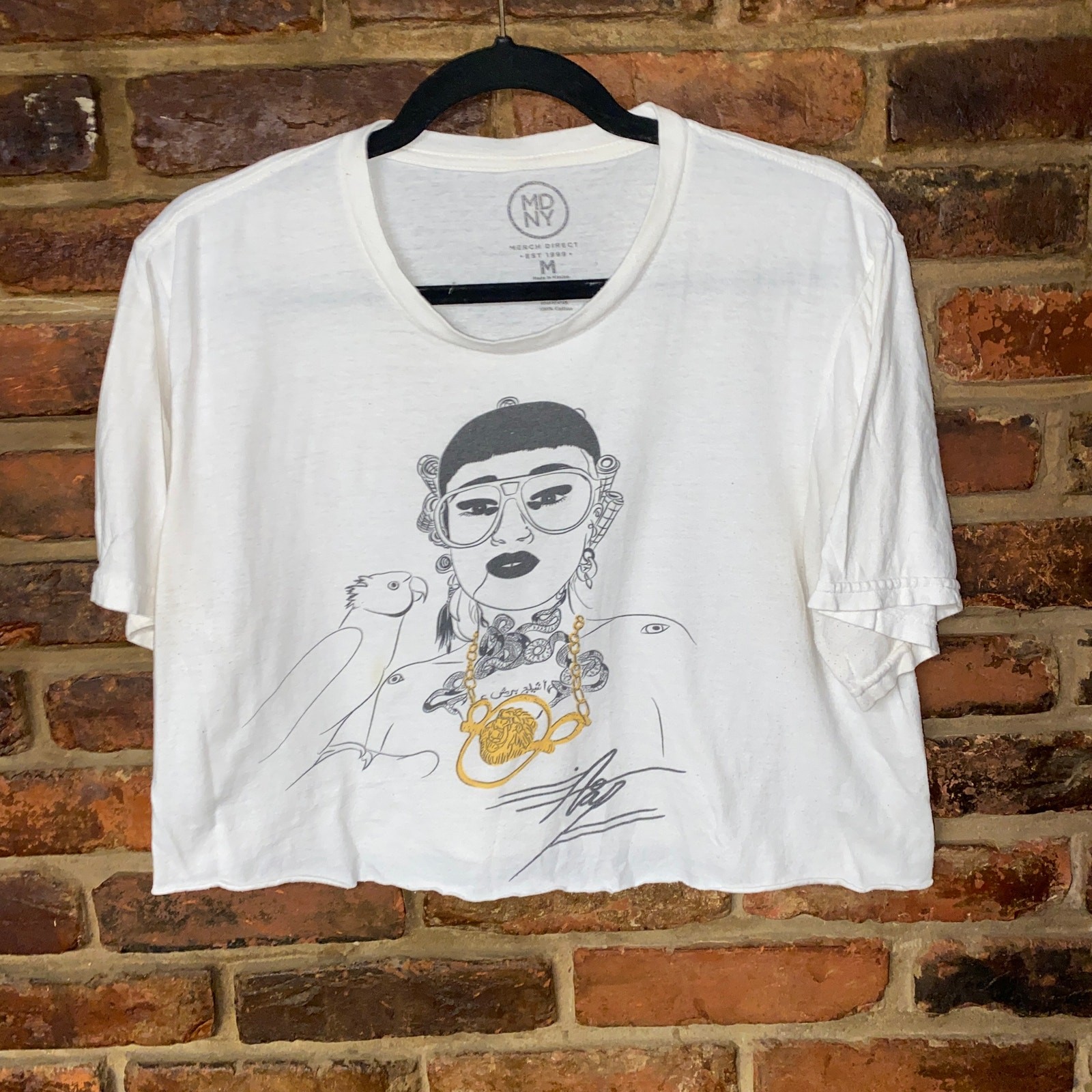 MDNY White Graphic Nai Palm of Hiatus Kaiyote Cut-Off Crop T-Shirt Size Medium
