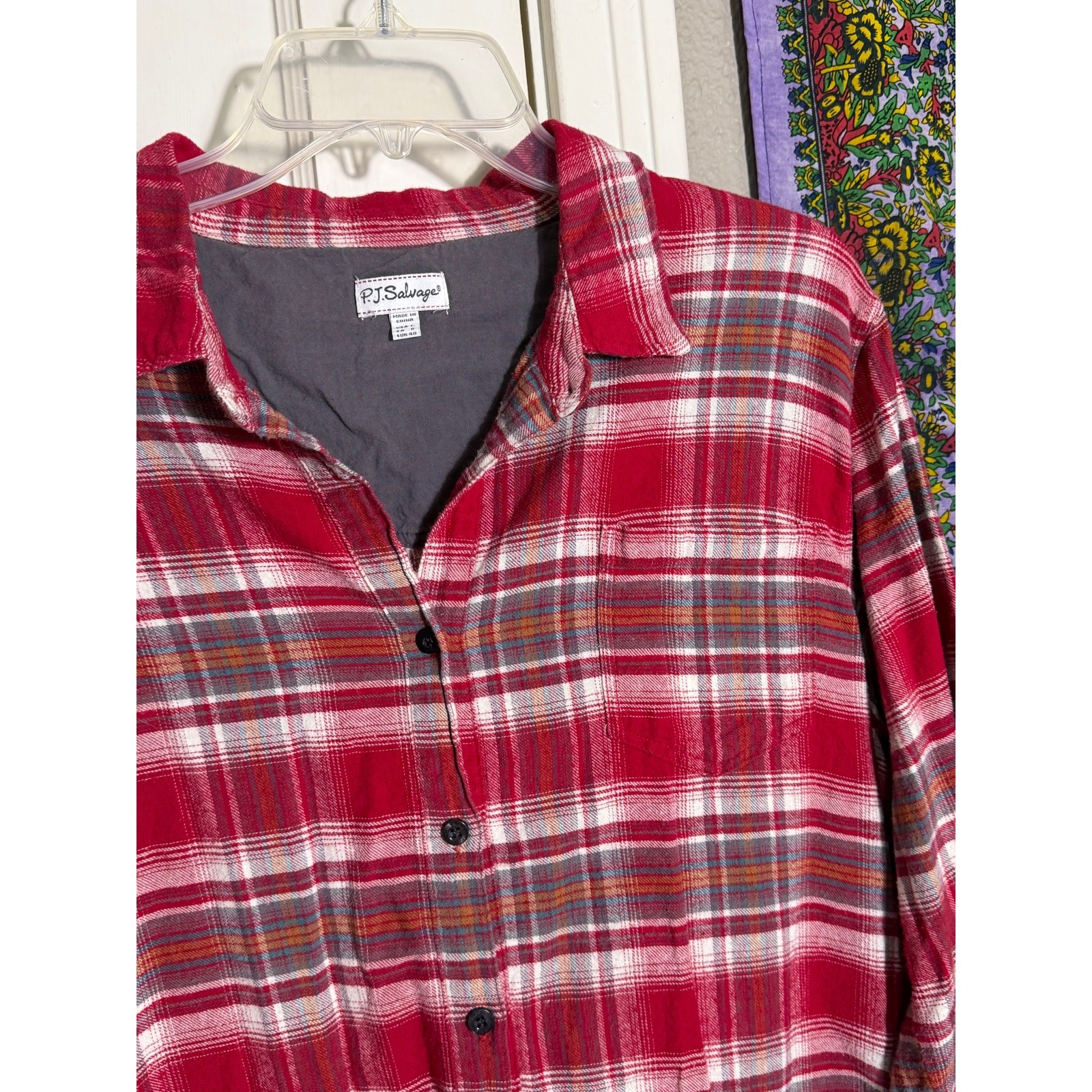 PJ Salvage Red Plaid Flannel Button Up Shirt Large Soft Casual Long Sleeve