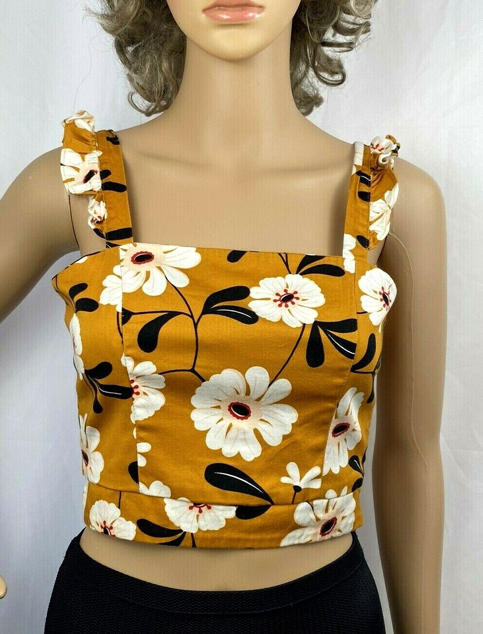 Forever 21 Mustard Yellow Floral Crop Top – Boho Cottagecore Aesthetic – Size S