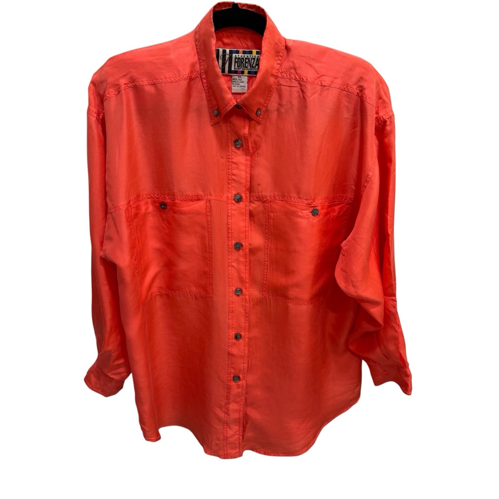 Vintage 80s Forenza Authentico Neon Orange 100% Silk Button Down Blouse XS