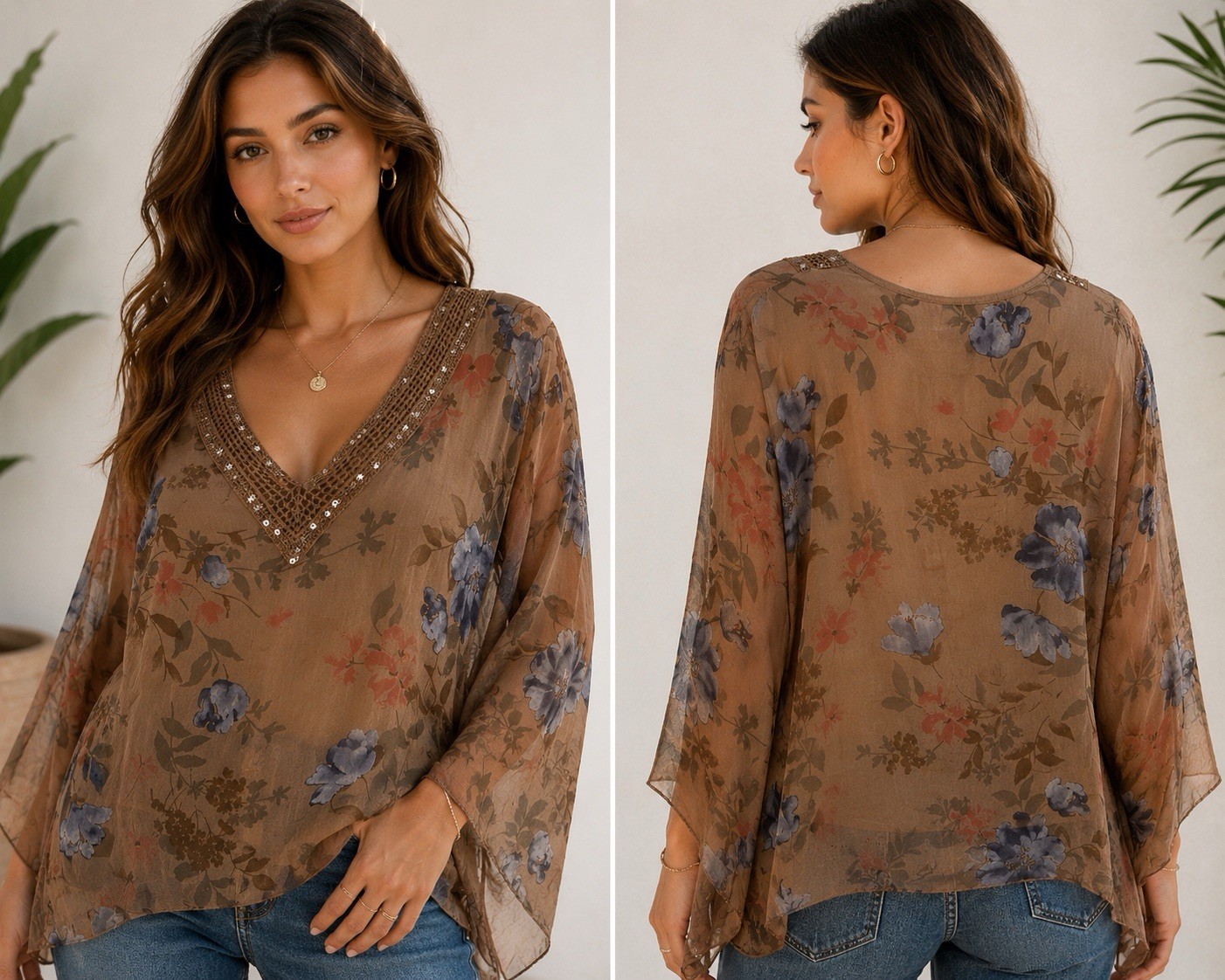 Tempo Paris Floral Sheer Chiffon V-Neck Sequin Trim Blouse S/M, Made in Italy
