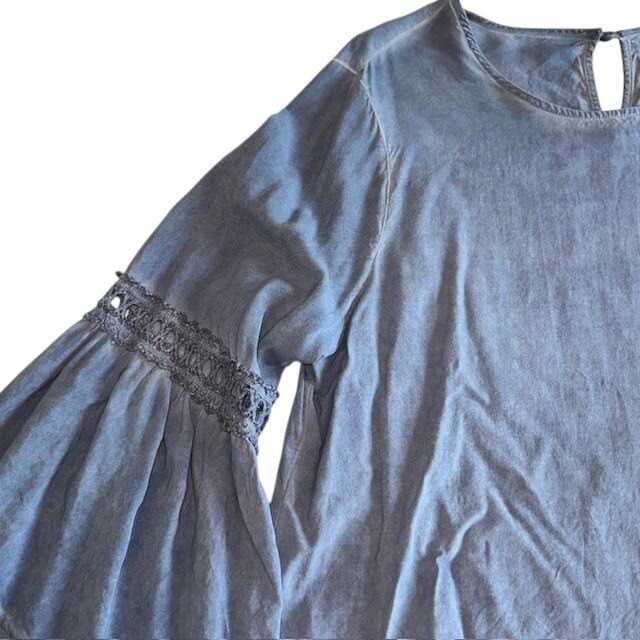 Spense Oil Wash Bell Sleeve Top Crochet Trim Long Sleeve Blouse Blue Size L