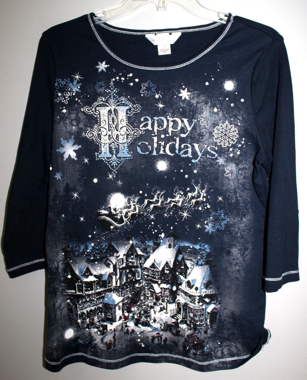 CHRISTOPHER & BANKS “HAPPY HOLIDAYS” WOMEN’S BLUE WINTER 3/4 SLEEVE TOP MEDIUM