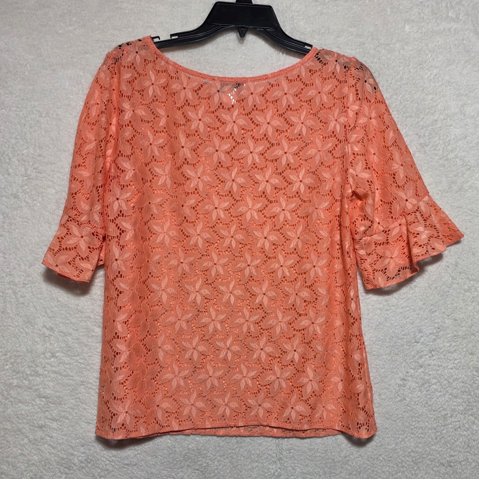Jaclyn Smith Coral Floral Lace Blouse Ruffle Bell Sleeve Top Small S/C Peach