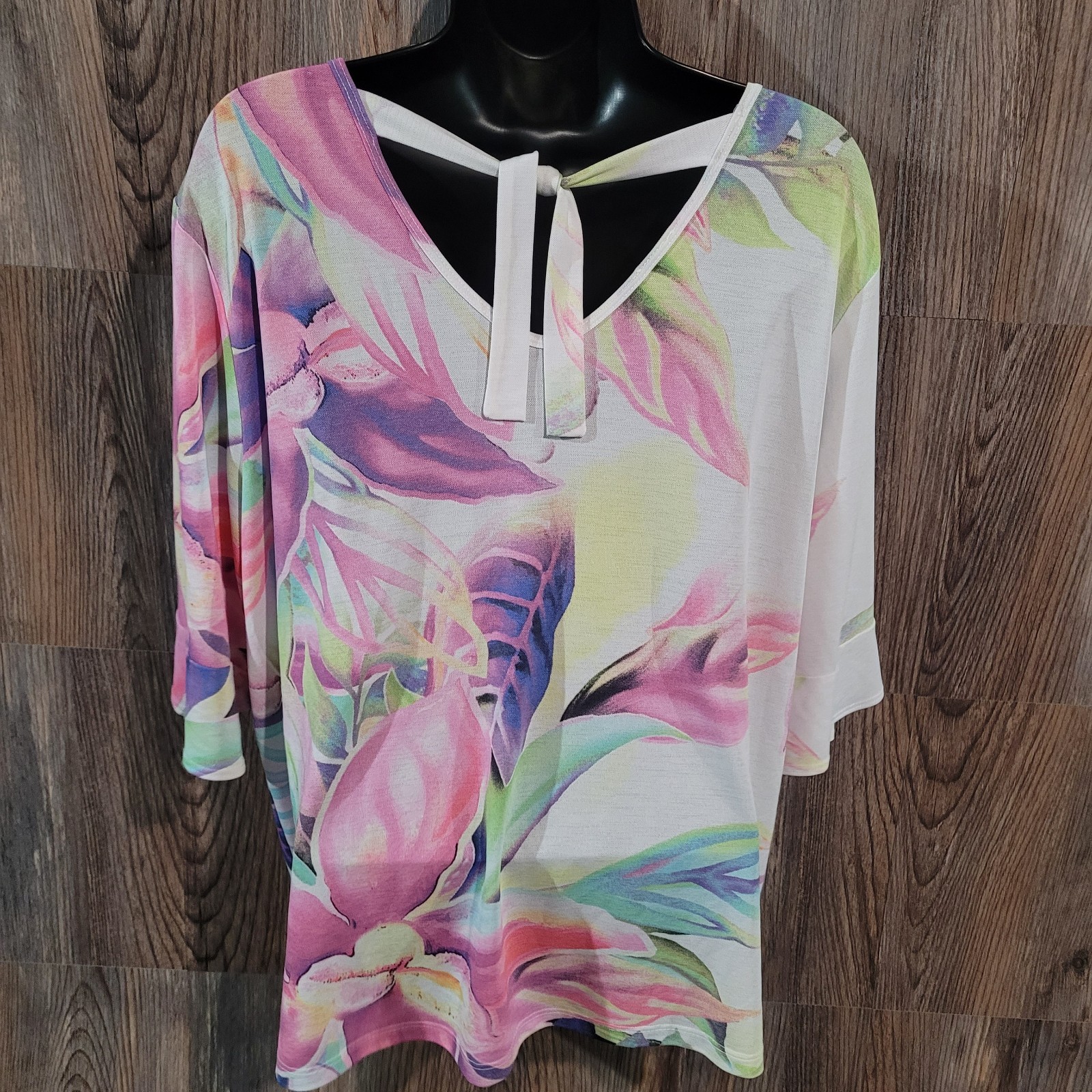 Clara Sun Woo Floral Blouse Size 1X Multicolor Tie-Back Semi Sheer Lightweight