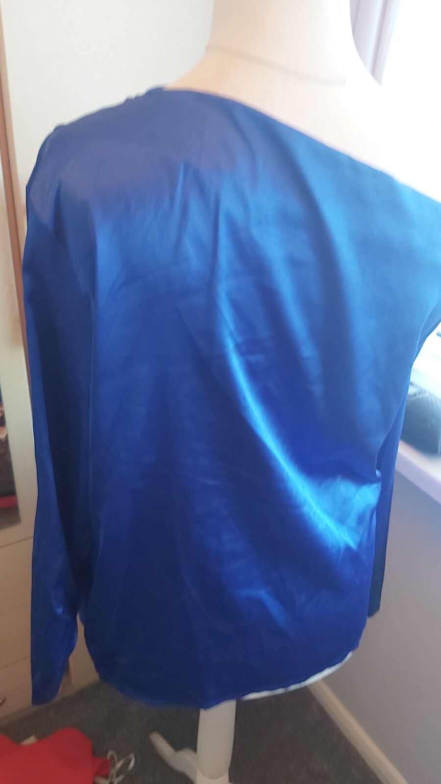 SHEIN BAE Asymmetrical Neck off shoulder cobalt blue satin feel top NEW L 12