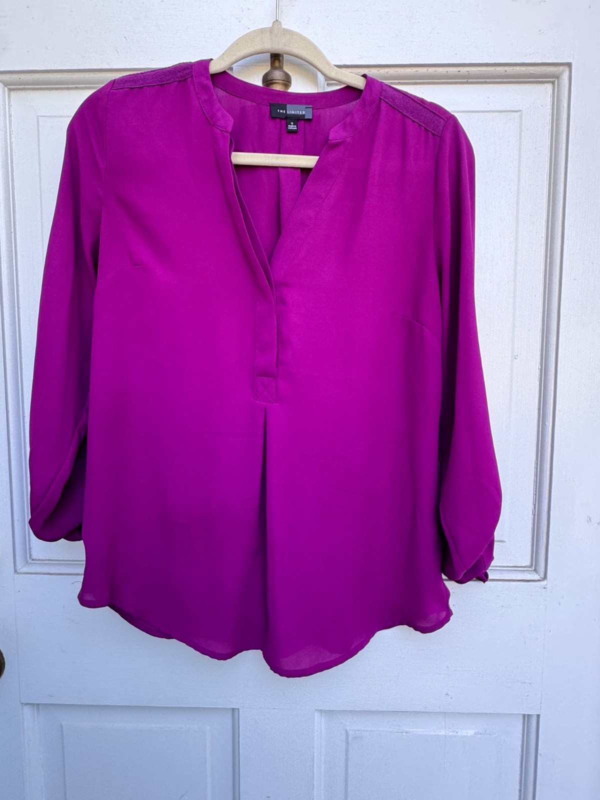 The Limited Size Small Magenta Popover Blouse Roll Tab Sleeves Career Top