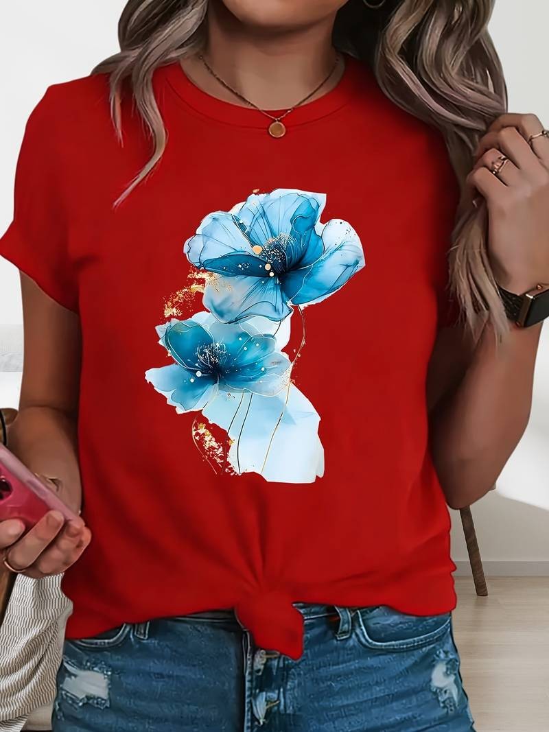 Casual Women Cotton Floral T-Shirt Short Sleeve Top Summer Flower Boho Fashion♮