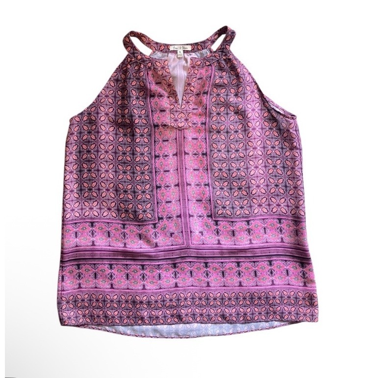 Emma and Olivia Pink Geometric Print Halter Neck Sleeveless Top Women’s Size M