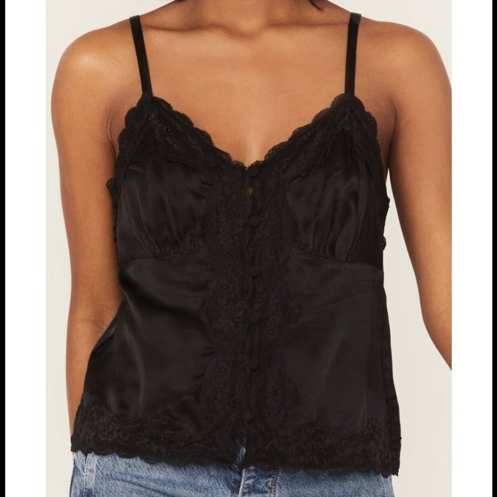 Shyanne Black Lace Trim Satin Button Front Cami Women L Coquette Boho Western