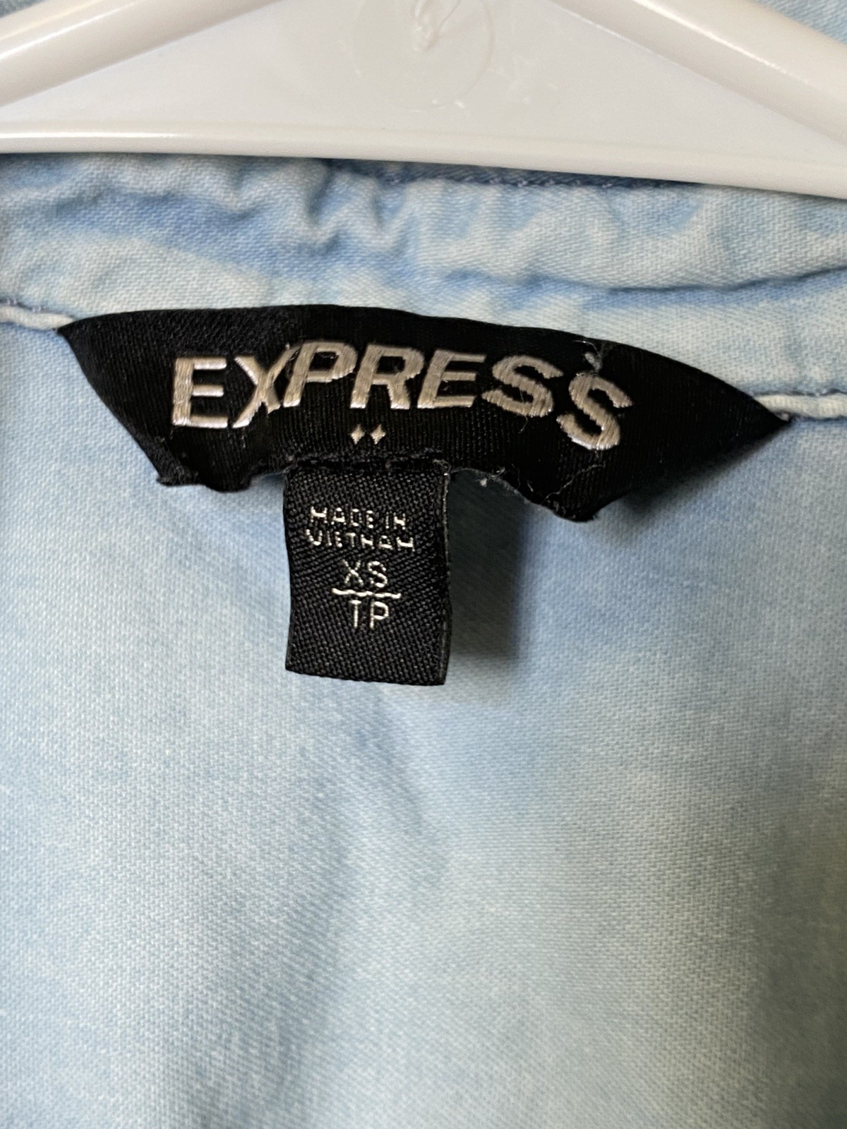 Light Wash Express XS Denim chambray Jean shirt short sleeves pockets Blue