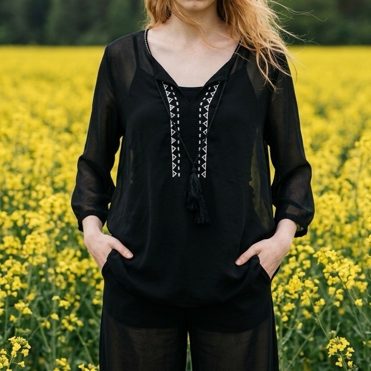 Buffalo David Bitton Blouse Womens XL Black Embroidered Top Boho Festival Sheer