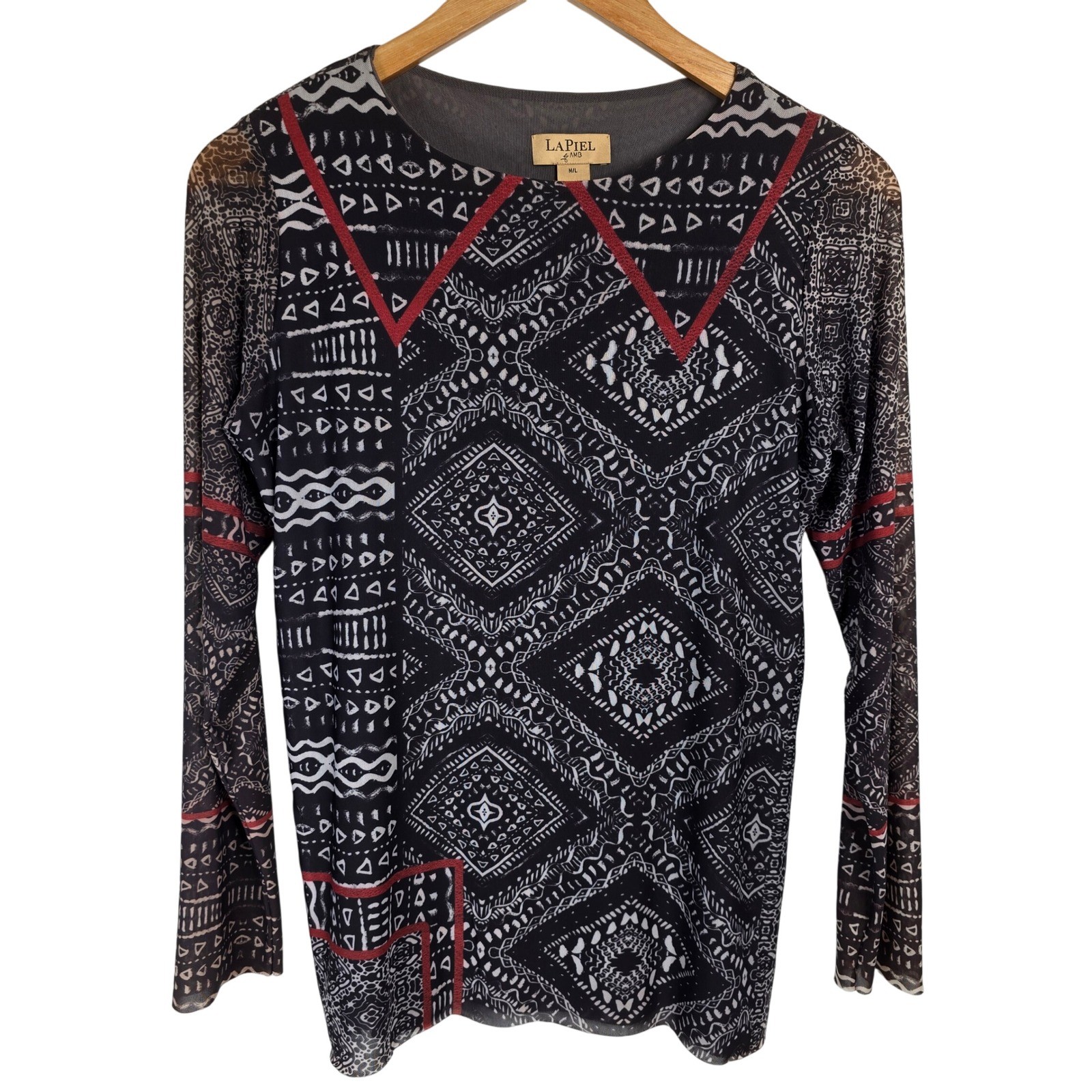 LaPiel AMB Women’s M/L Sheer Print Long Sleeve Top Blouse Black Red Bohemian