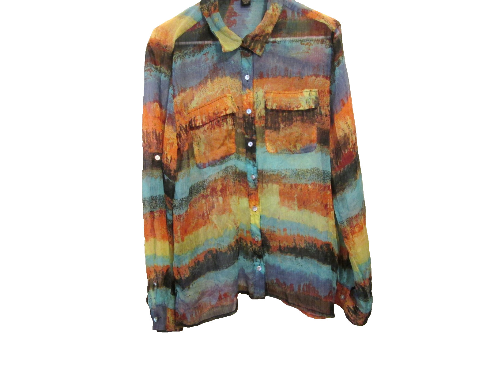 Cupio Women’s Sheer Multicolor Roll Tab Sleeve Blouse Size XL