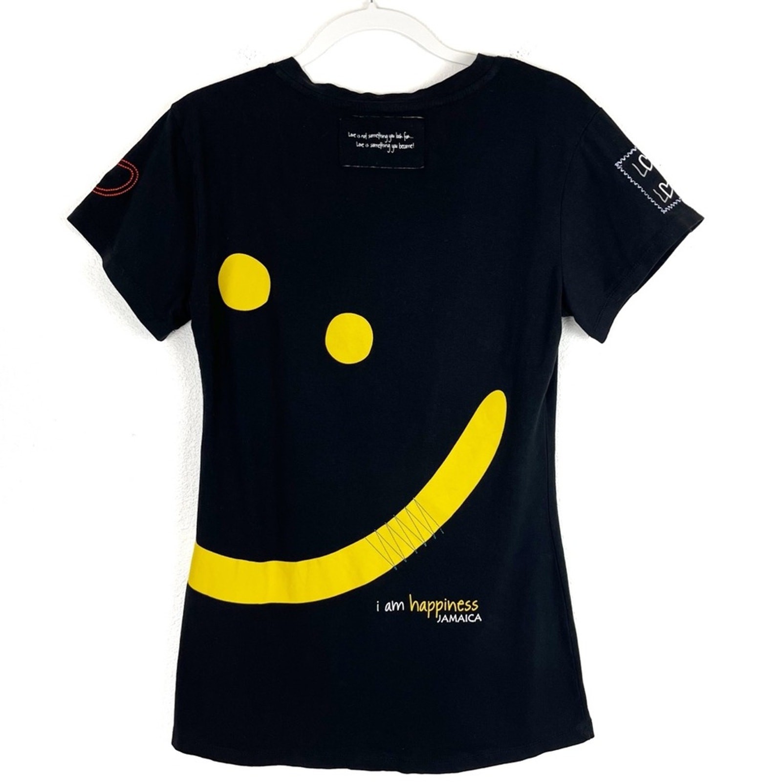 Jamaica Women’s T Shirt HAPPY Smile Graphic Tee Travel Souvenir XXL Black V-Neck