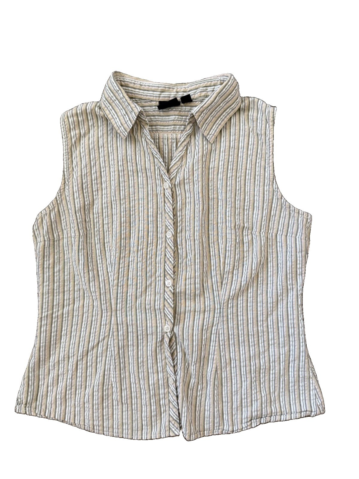 Cotton Striped Seersucker Shirt Womens Medium Petite Coastal Summer Retro Travel