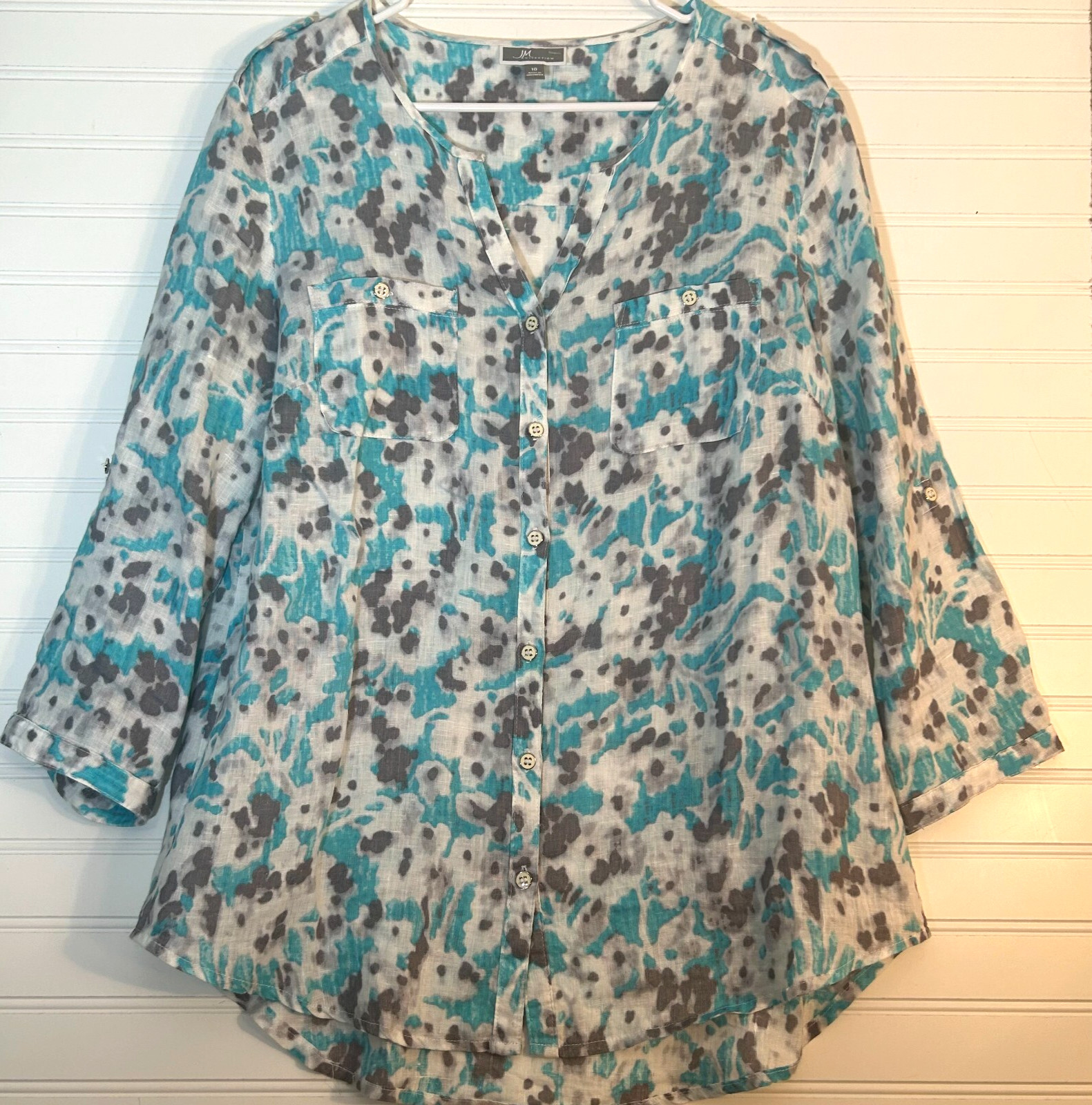 JM Collection Women’s 10 Turquoise Blue, Gray 100% Linen 3/4 Sleeves Pockets