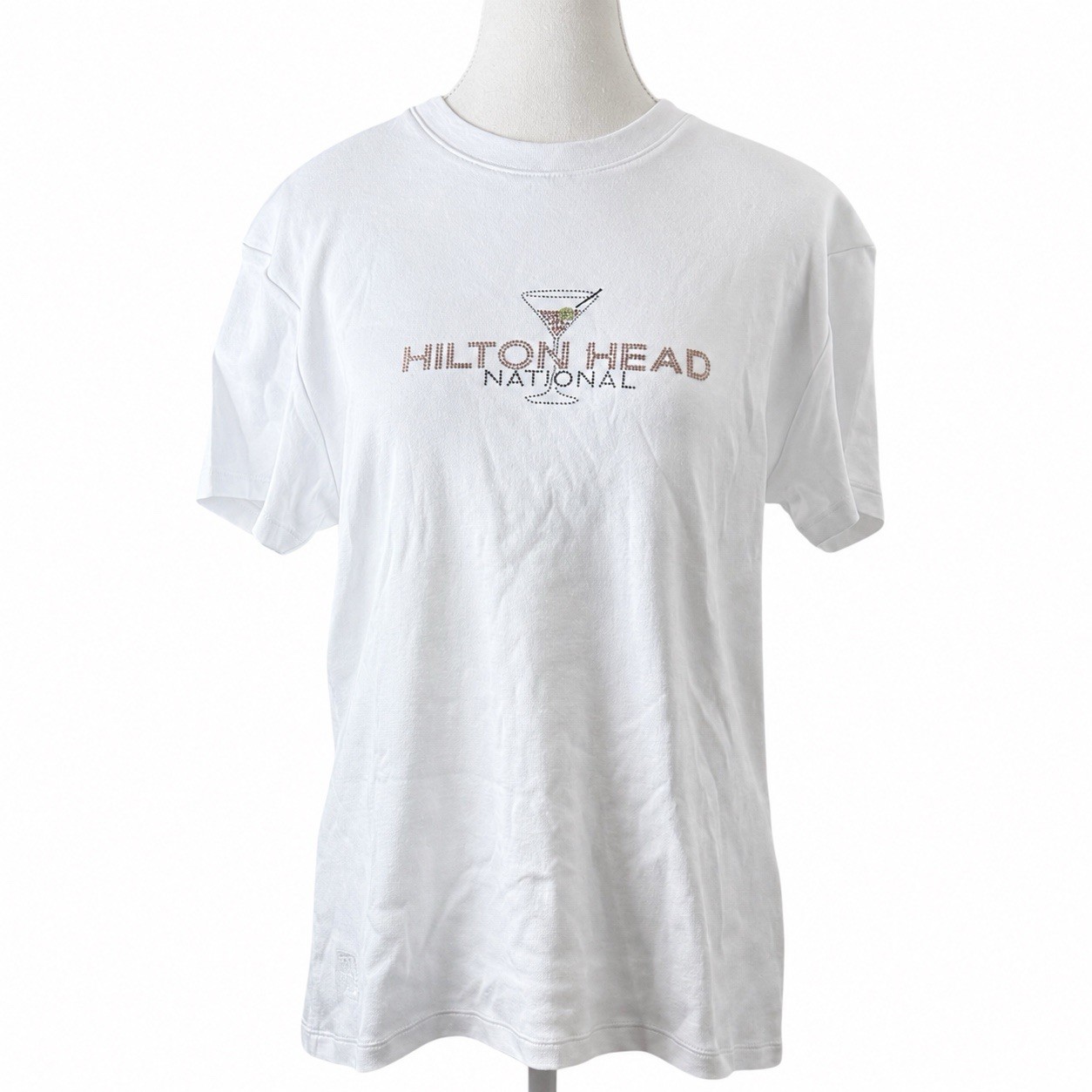 Kate Lord Hilton Head Womens L Rhinestone Martini Graphic Tee White Cotton Shirt