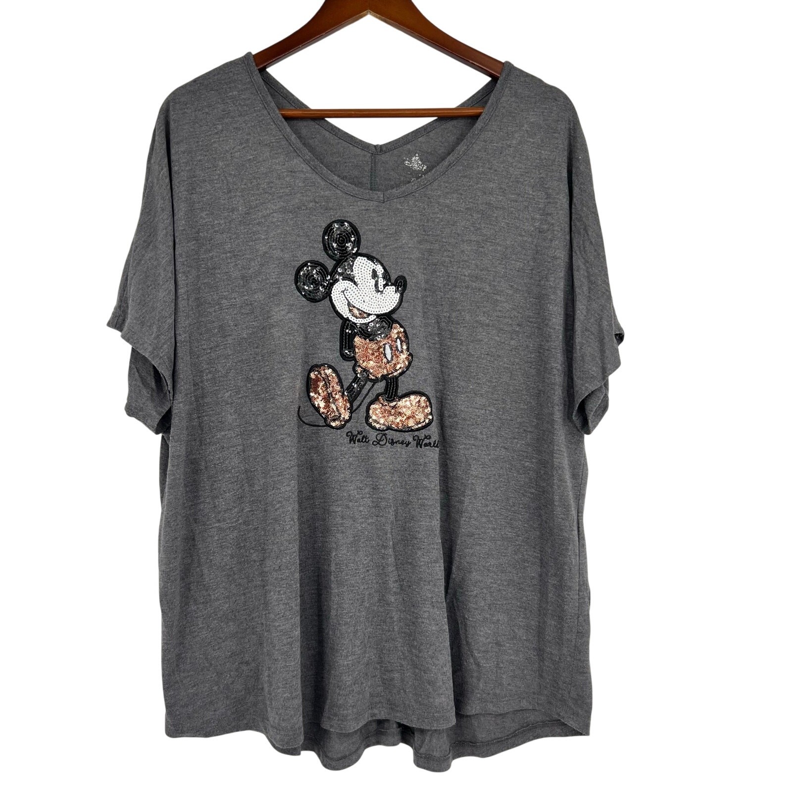 Disney Parks Authentic V-Neck bronze Sequin Mickey Mouse Gray Pullover Top sz XL