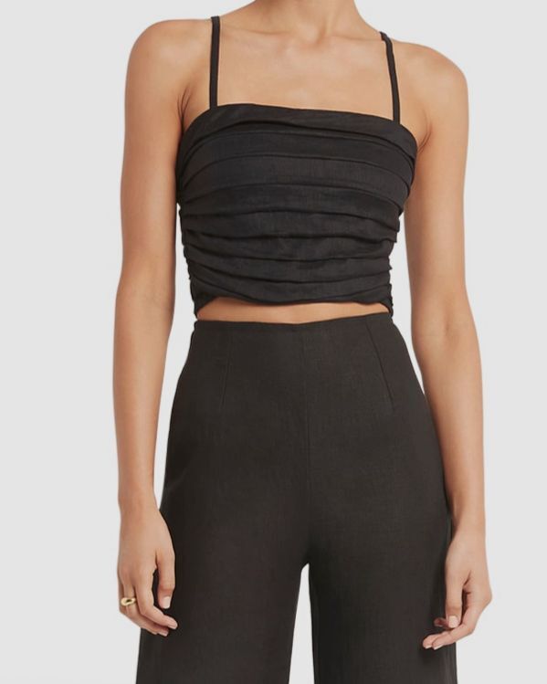 $149 Faithfull The Brand Women’s Black Carla Pleated Cropped Top Size S/US4