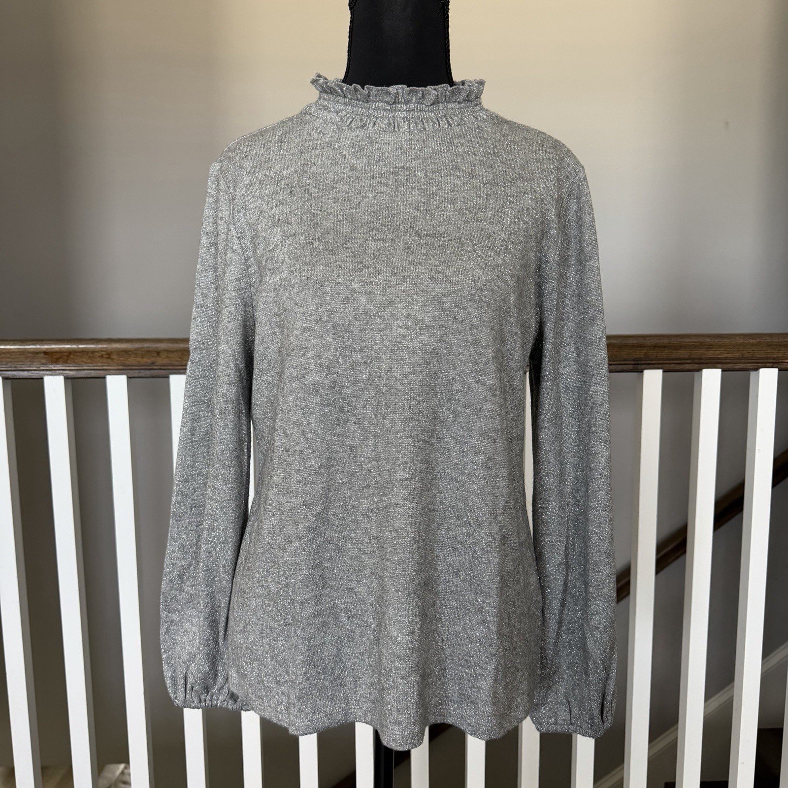 Talbots Smocked Neck Silver Tie Back Top Blouse MP Glam Party Cocktail Preppy