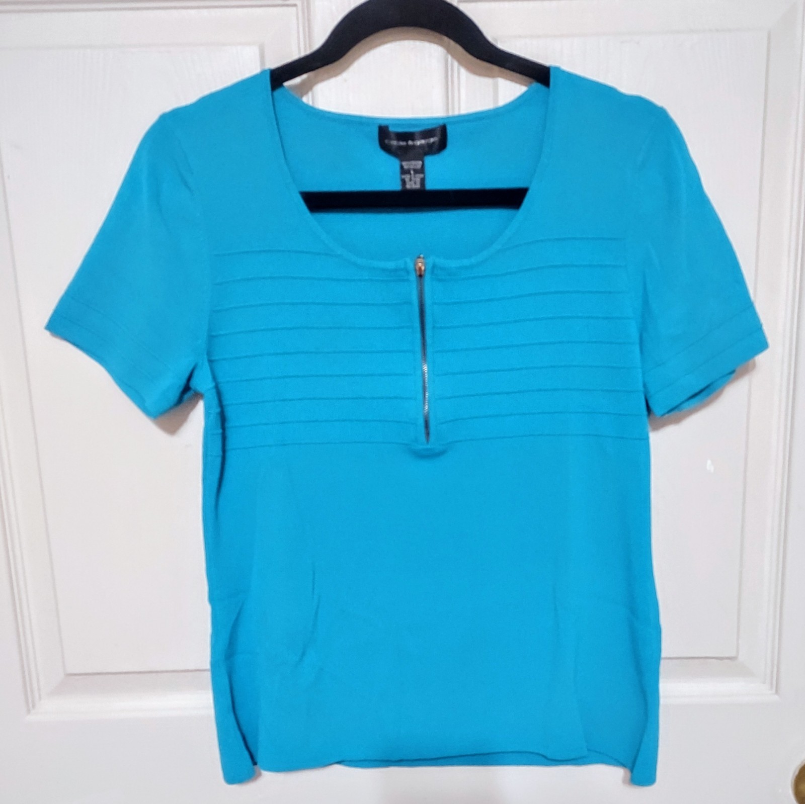 Womens L Ribbed Textured Part Zip Office Career Casual Wear Top