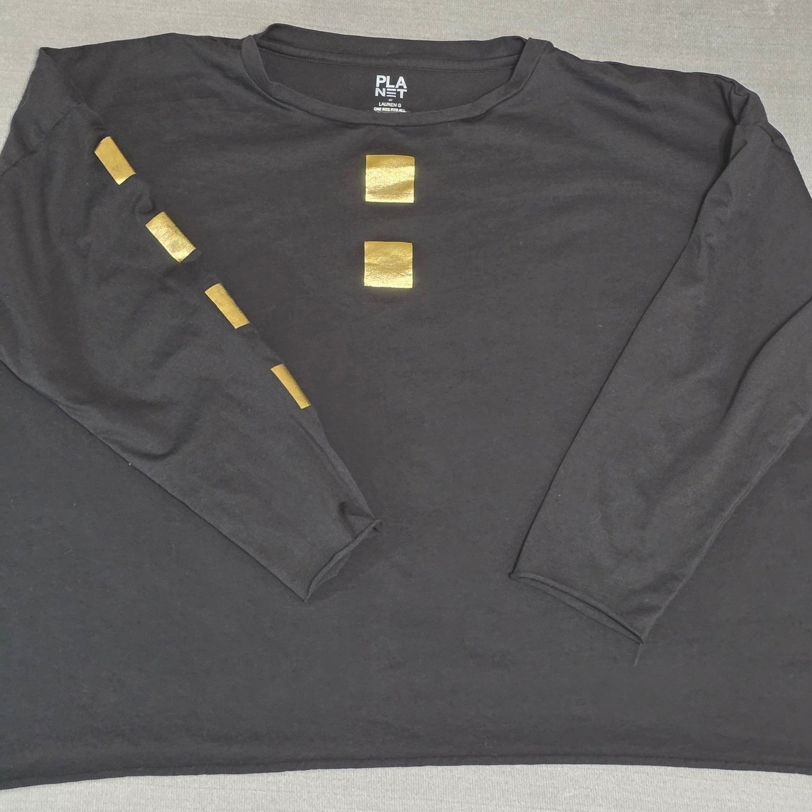 Planet by Lauren G Top Womens OS Black Gold Foil Pima Cotton Lagenlook Boxy Tee