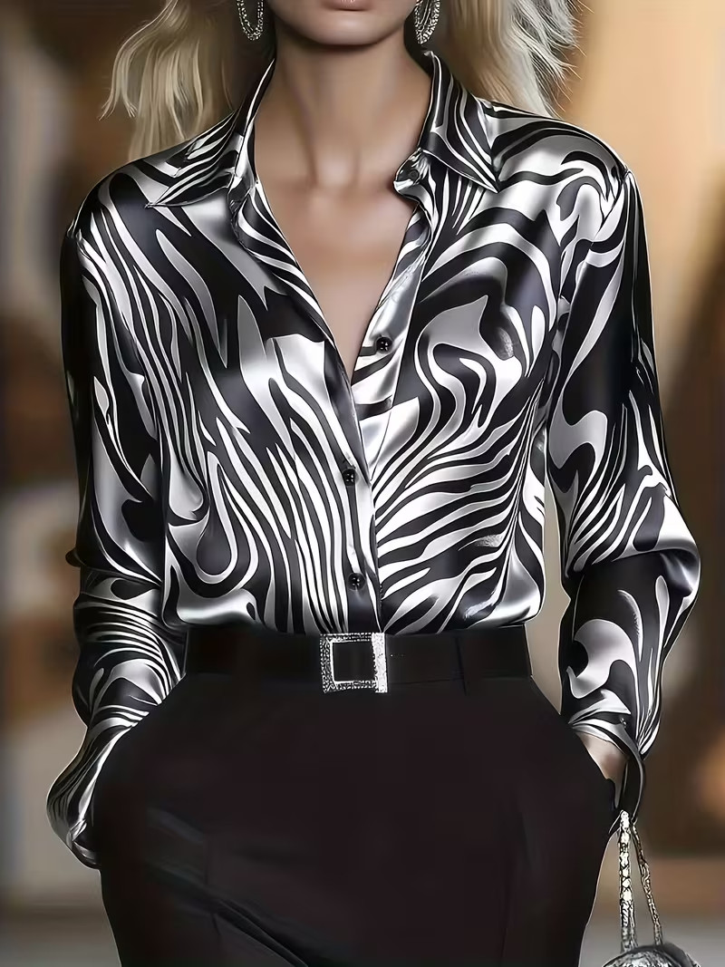 New Sexy Sultry Black & Silver Zebra Print Silky Satin Secretary Blouse Plus 4XL